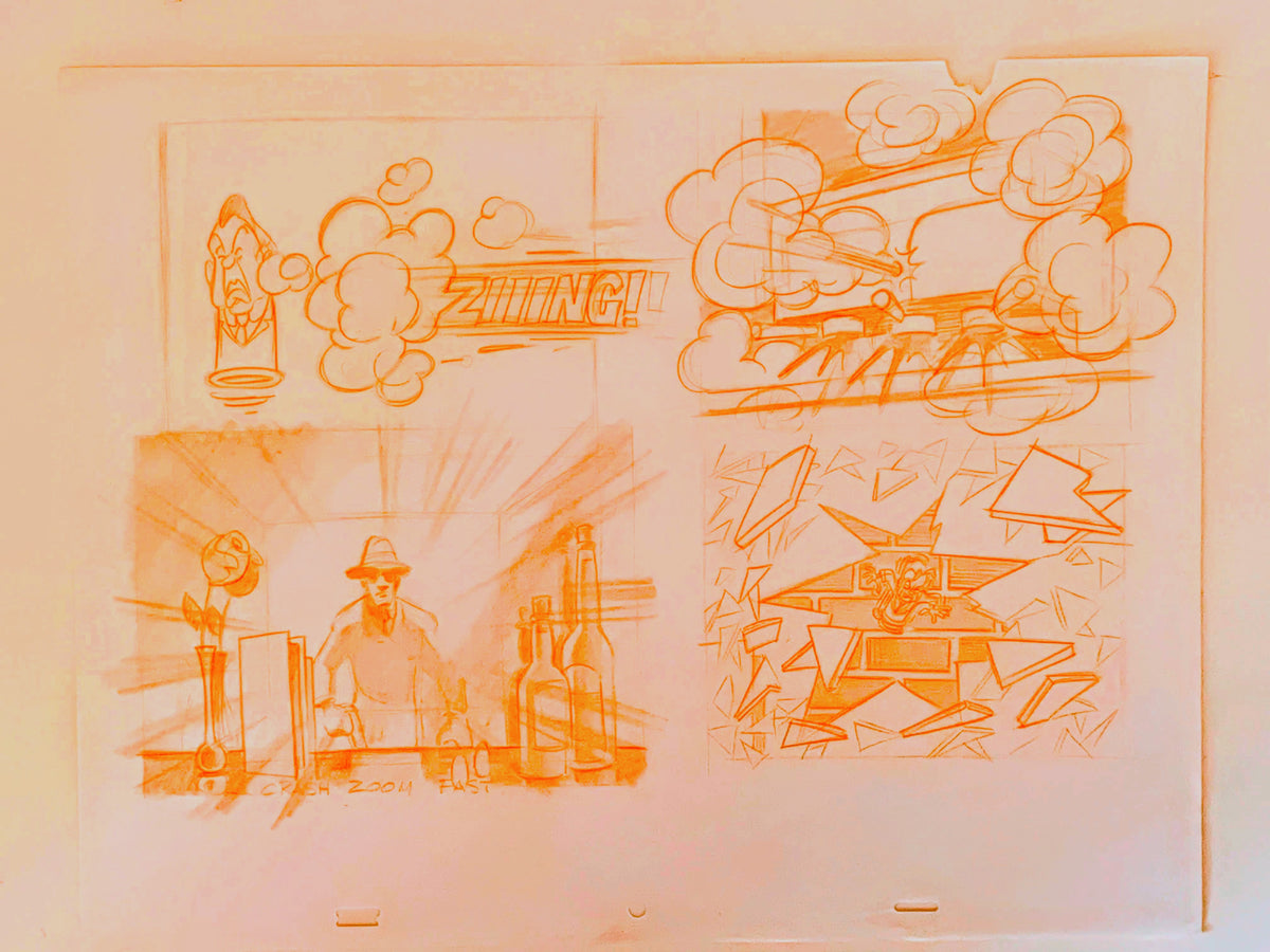 Weetabix commercial 'Bullets'. Smash- Original storyboard drawing. four panels 1991