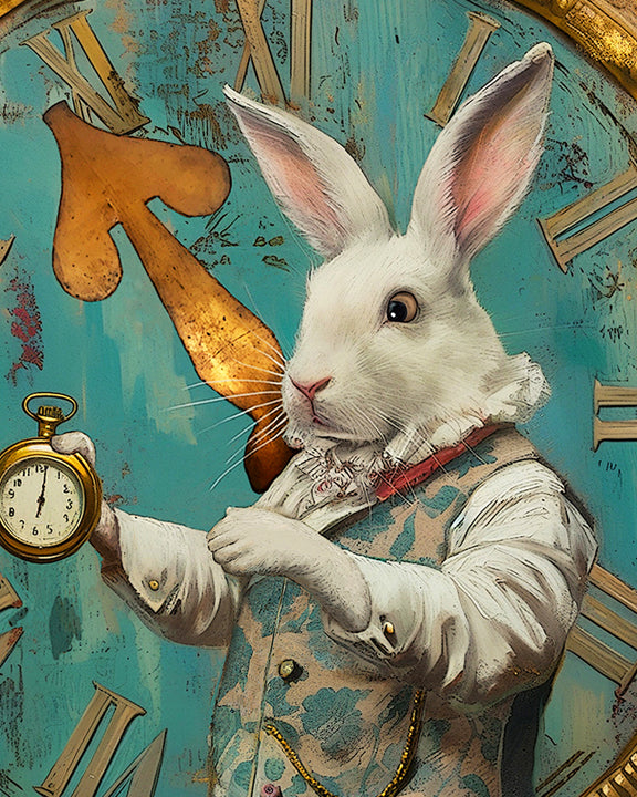 Alice in Wonderland White Rabbit & Gold Clock Canvas Art Print - Whimsical Wall Decor