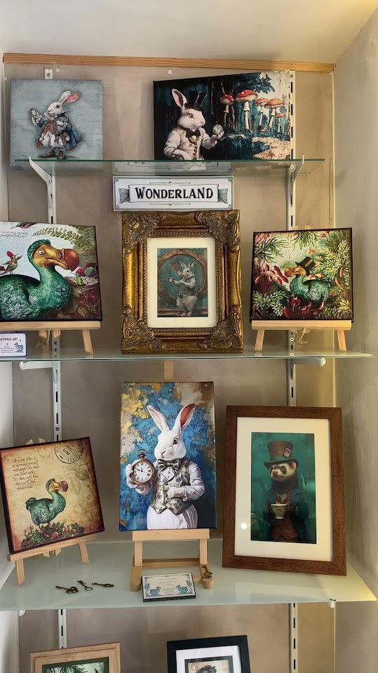 Shelf displaying various framed artworks with a 'Wonderland' sign above.