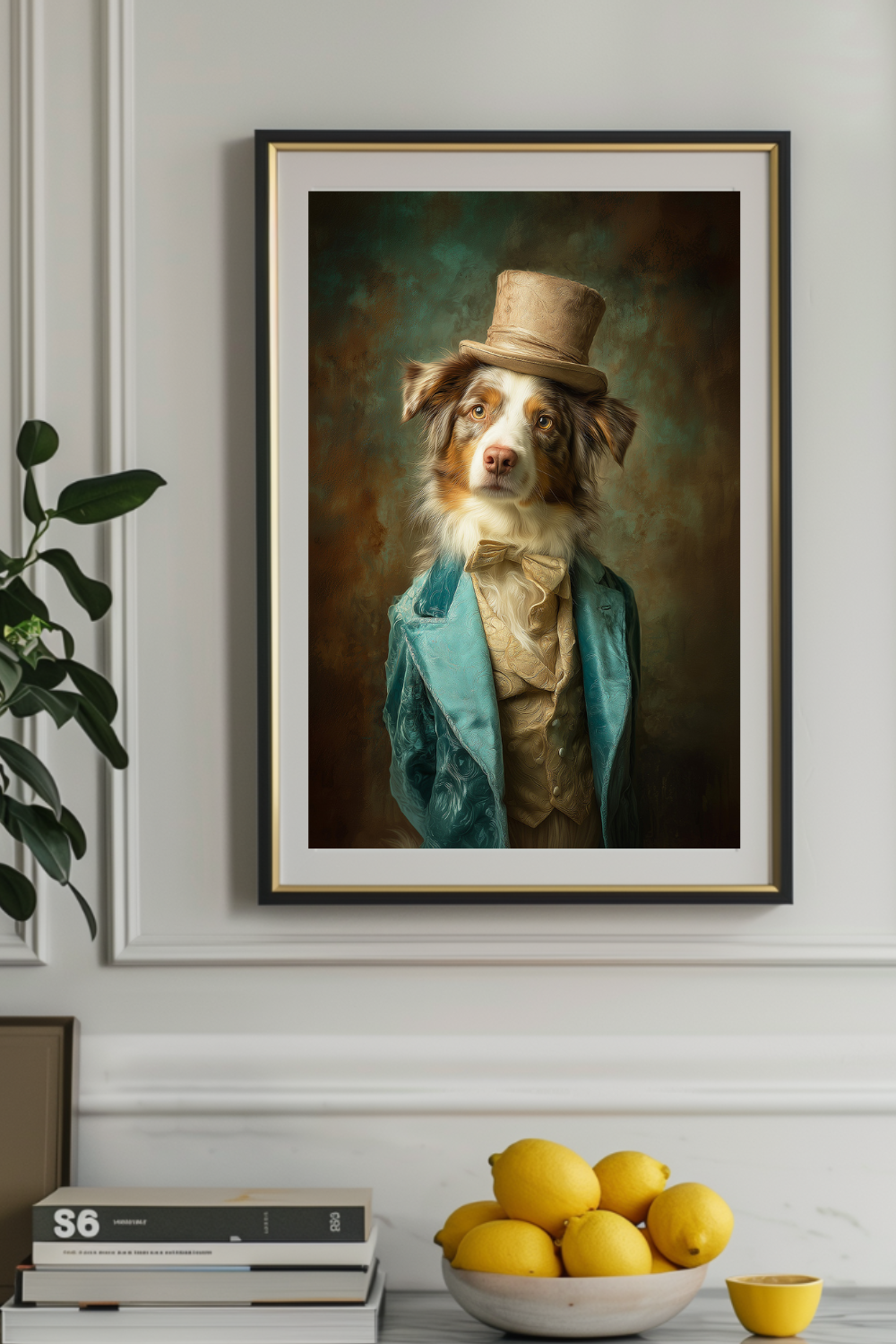 A framed vertical portrait print of a dog dressed in vintage formalwear, hanging on a white paneled wall above a shelf with books, lemons, and a small cup. The print is the product being shown in a styled interior setting.
