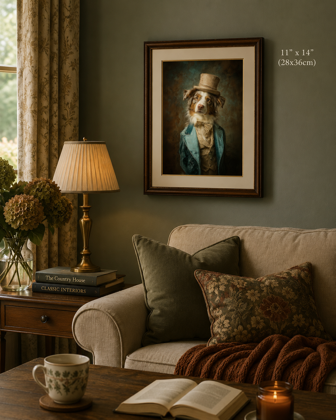 A framed pet portrait print hanging on a dark gray wall above a beige sofa in a styled living room. The artwork shows a dog dressed in vintage clothing and a top hat.