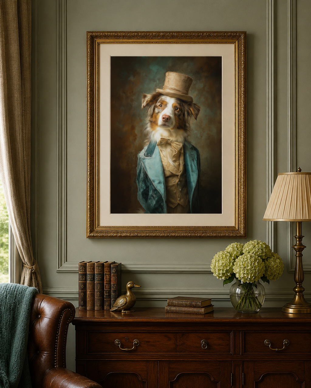 A framed portrait print of a dog dressed in vintage clothing, hanging on a gray paneled wall above a wooden console table with books, a lamp, and a vase of flowers.