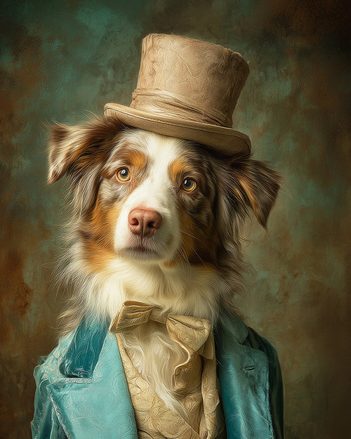 portrait of Australian Shepherd dog in hat