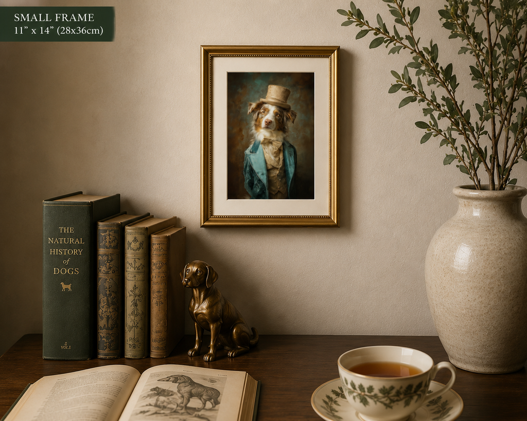 Framed portrait of a dog in a suit on a wall above books and a teacup.
