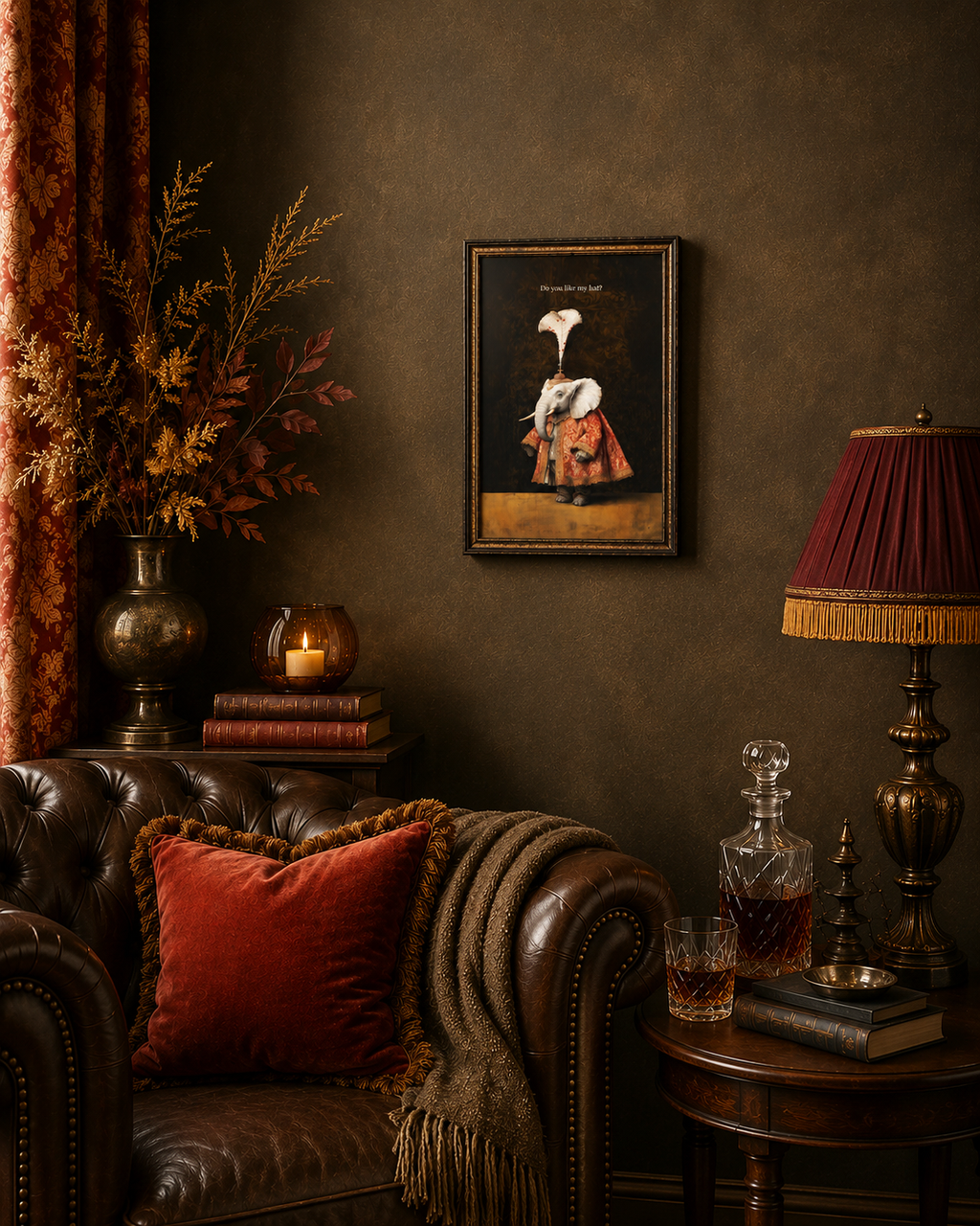 A framed art print depicting a white elephant in historical clothing, styled in a moody, dark brown living room setting with a leather armchair, a lit table lamp, and a vase of dried botanicals.