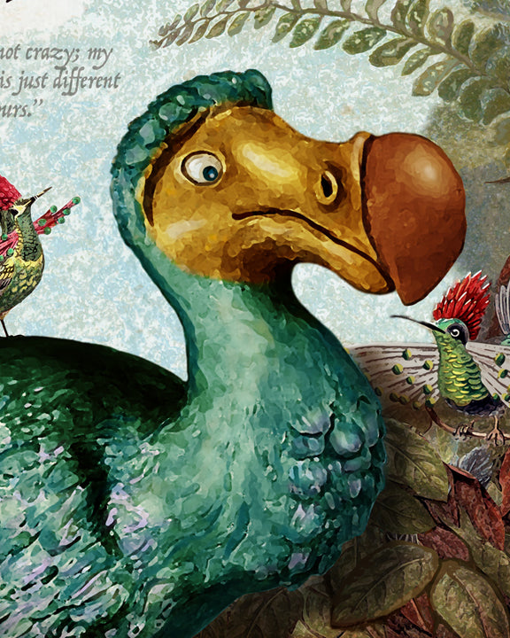 A close-up painted illustration of a large green and gold Dodo with a brown beak, surrounded by smaller colourful birds and botanical elements on a textured light blue background. Part of a quote and a watermark reading 'Your Brand' are visible.