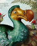 A close-up painted illustration of a large green and gold Dodo with a brown beak, surrounded by smaller colourful birds and botanical elements on a textured light blue background. Part of a quote and a watermark reading 'Your Brand' are visible.