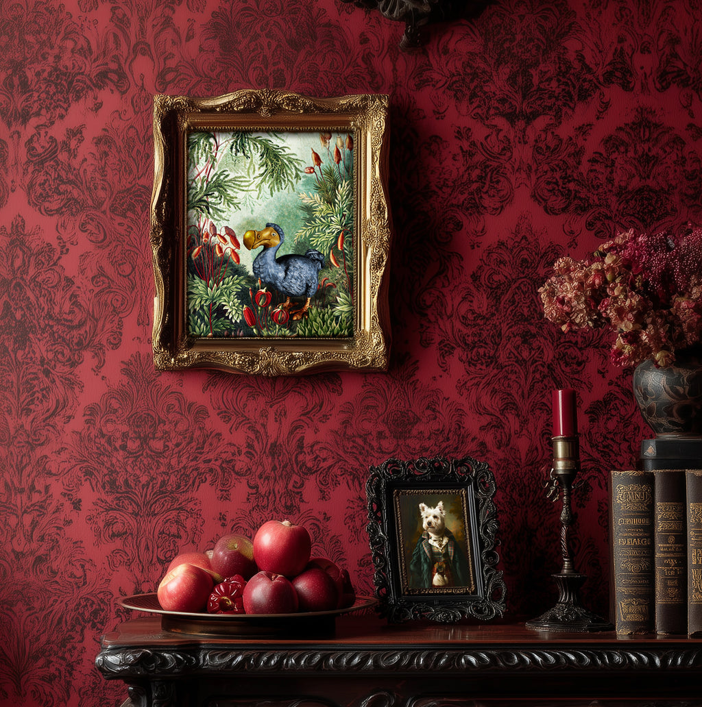 Decorative interior with dodo ornate wall art, fruit, and books on a red patterned wall.