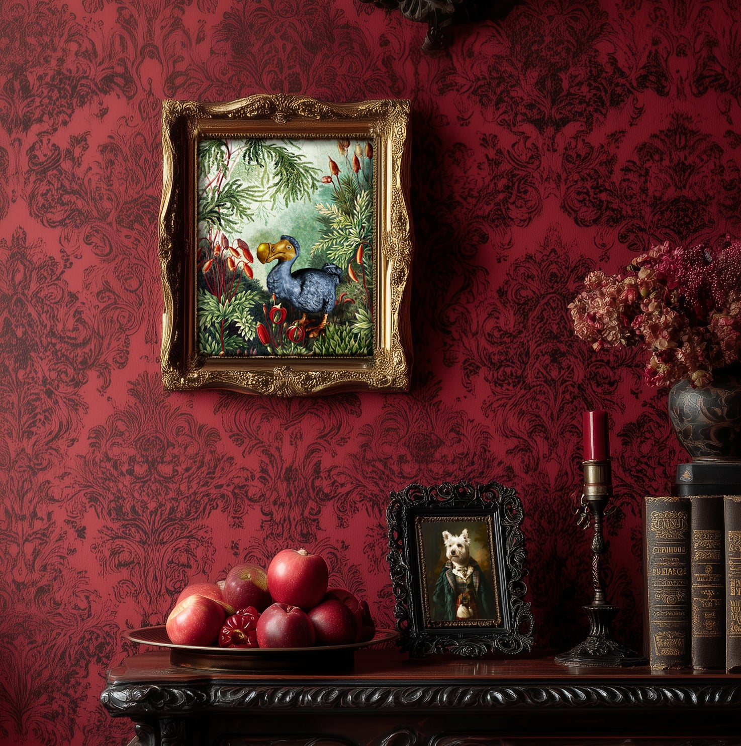 Decorative interior with dodo ornate wall art, fruit, and books on a red patterned wall.