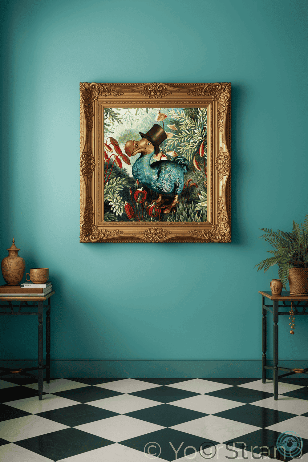 Decorative dodo painting in an ornate frame on a teal wall with checkered floor.