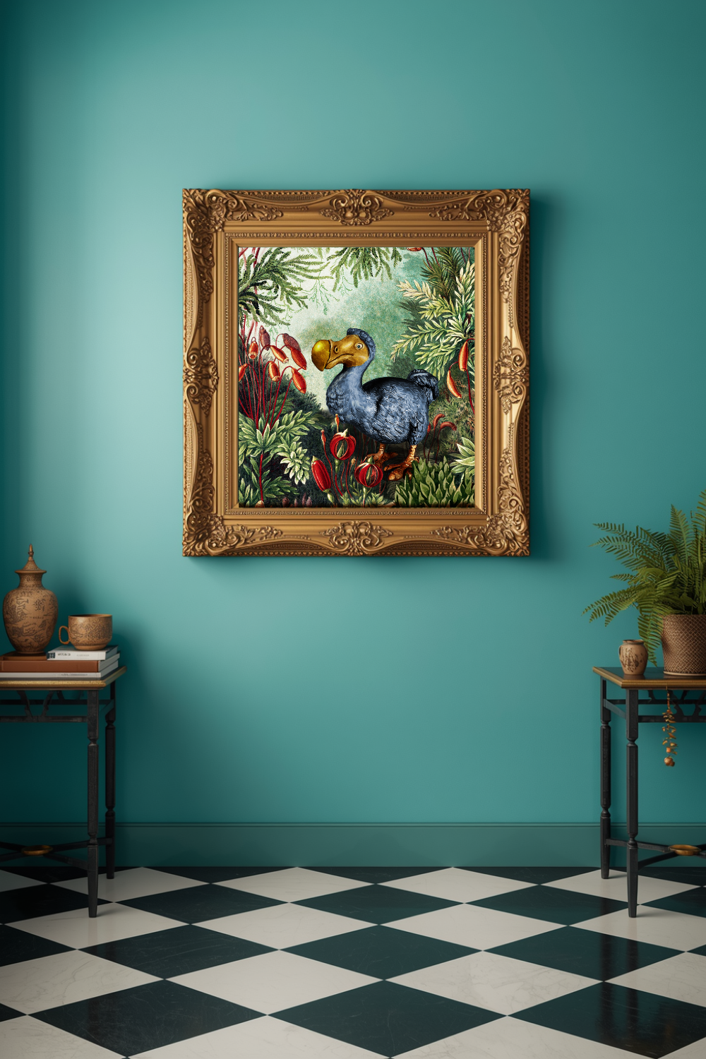 Decorative painting of a blue dodo in an ornate gold frame on a teal wall with checkered floor.