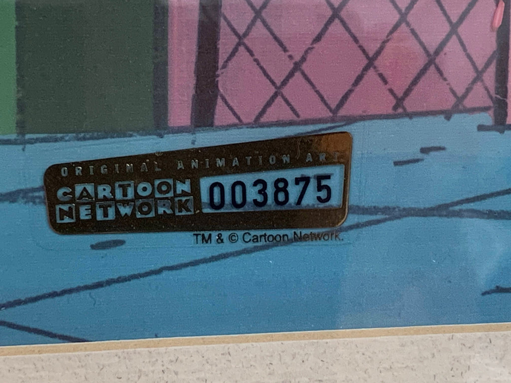 A close-up of a Cartoon Network collectible sticker or label with the text 'ORIGINAL ANIMATION ART CARTOON NETWORK 003875' placed on a colourful illustrated background.