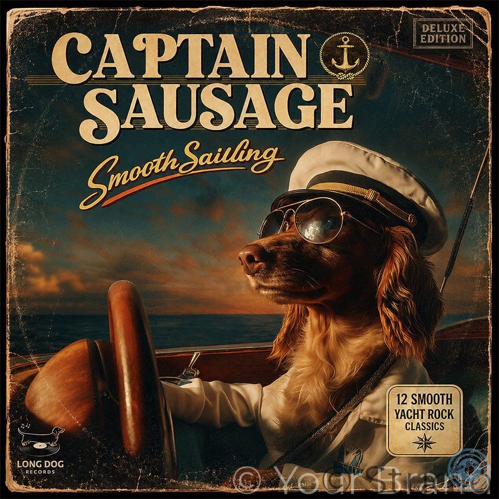 Album cover with a dog in a captain's hat steering a boat, titled 'Captain Sausage: Smooth Sailing'.