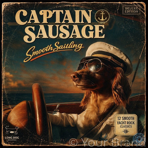 Album cover with a dog in a captain's hat steering a boat, titled 'Captain Sausage: Smooth Sailing'.