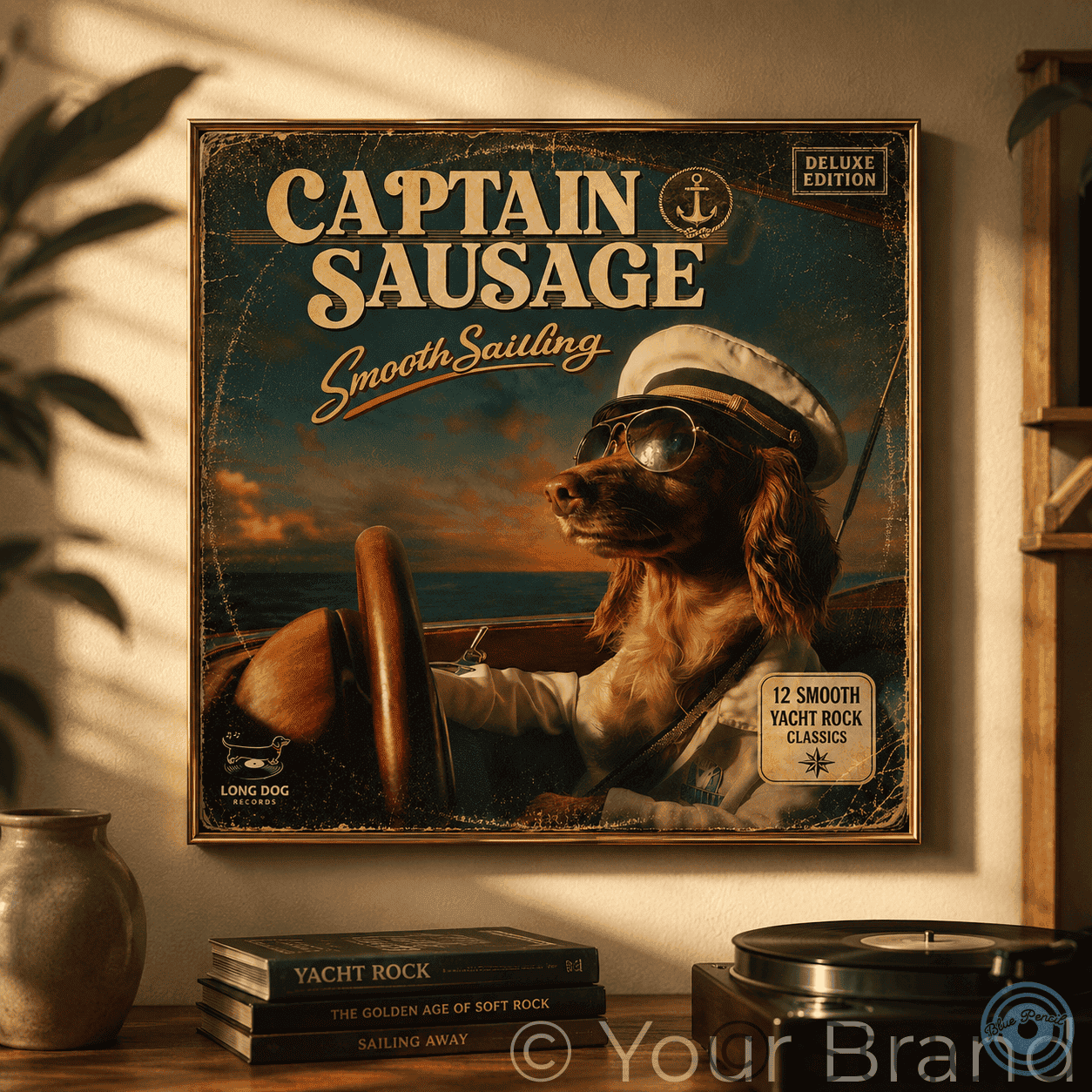 A framed vintage-style wall poster hangs on a wall above stacked books and a record player. The poster shows a dog dressed as a sailor with the text 'CAPTAIN SAUSAGE' and 'Smooth Sailing,' plus 'Deluxe Edition' and '12 Smooth Yacht Rock Classics.