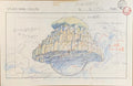 A vintage Japanese animation production sketch on an off-white sheet of paper, featuring a hand-drawn architectural concept of a floating castle or tower in blue, yellow, and gray ink, with Studio Ghibli Co., Ltd.