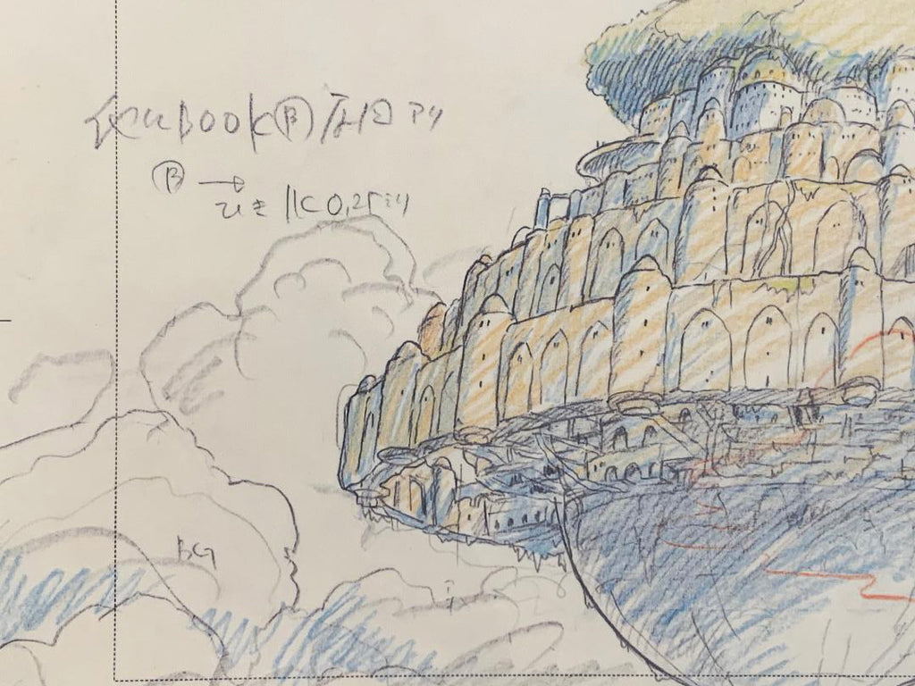A print of hand-drawn sketch of a Castle_in_the_Sky_print on a cream-coloured page, rendered in blue, yellow, and gray pencil-like lines with handwritten notes in the upper left.