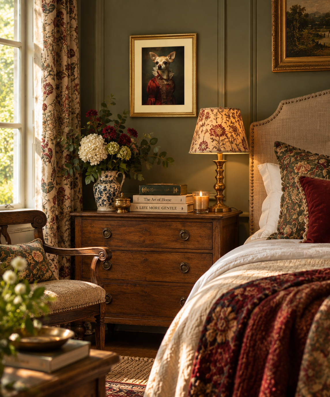 A cosy, vintage-style bedroom scene featuring a dark wood nightstand with a patterned table lamp, a vase of flowers, and a framed portrait of Chihuahua dog on a muted green wall. The bed is dressed in cream and burgundy textiles, and a matching floral armchair sits beside the window.