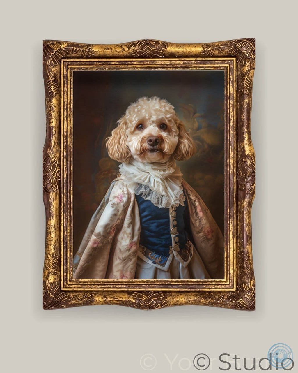 Dog in a historical costume with a gold ornate frame on a light gray background