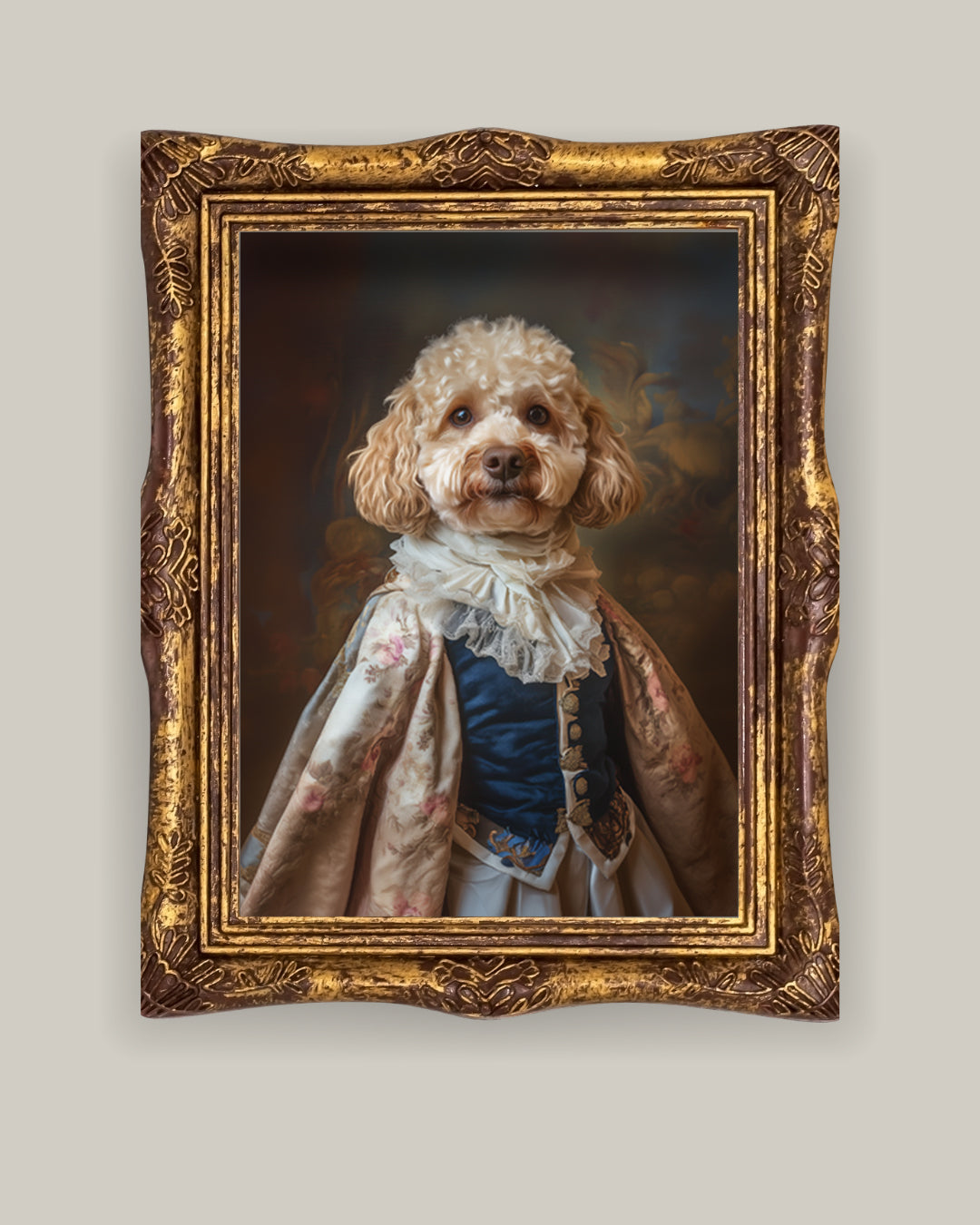 Dog in a historical costume with a gold ornate frame on a light gray background