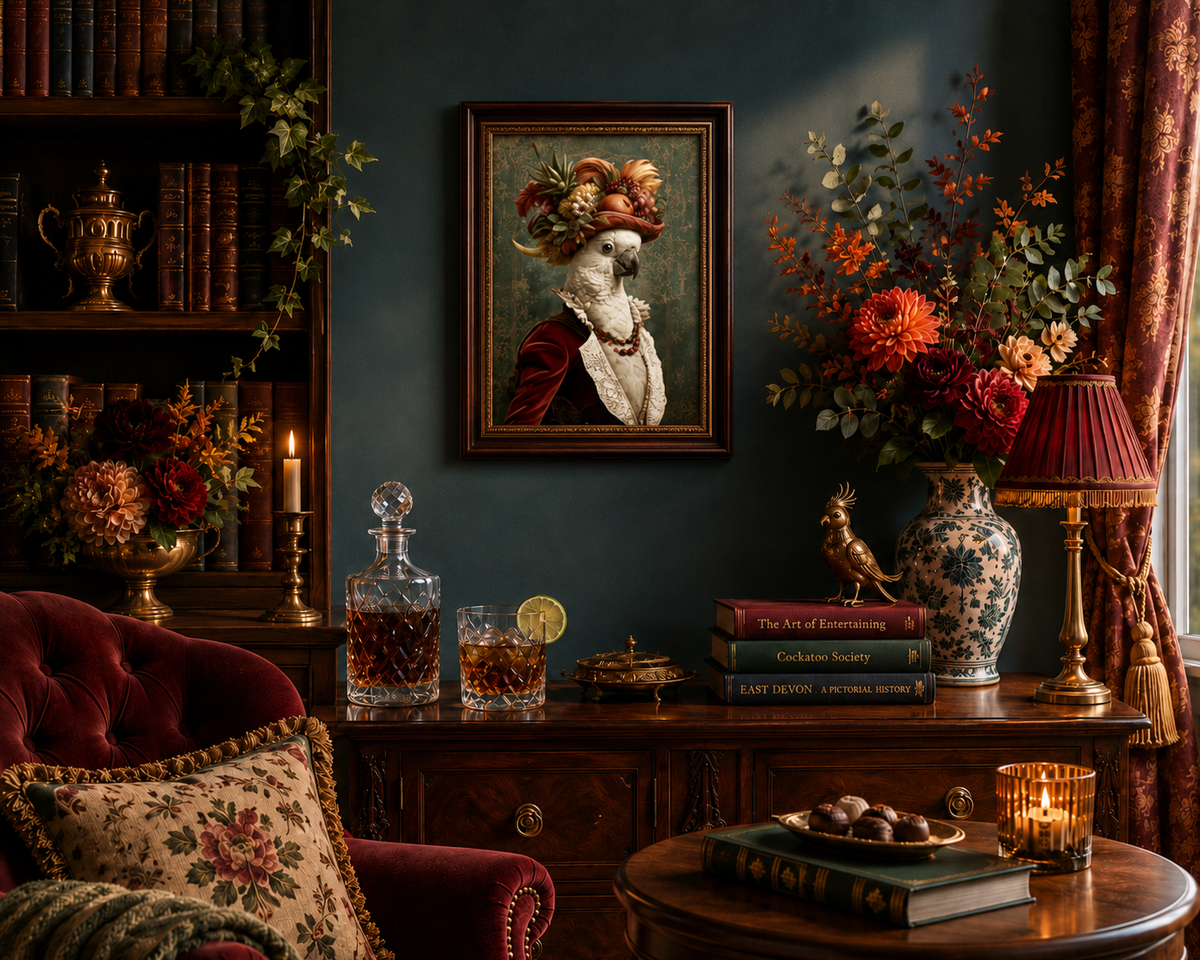 A framed portrait painting of a cockatoo hangs on a dark blue wall in a richly decorated room. The scene includes a red velvet armchair, a wooden console table with books, a decanter, a lamp, and a large floral arrangement in a blue-and-white vase.