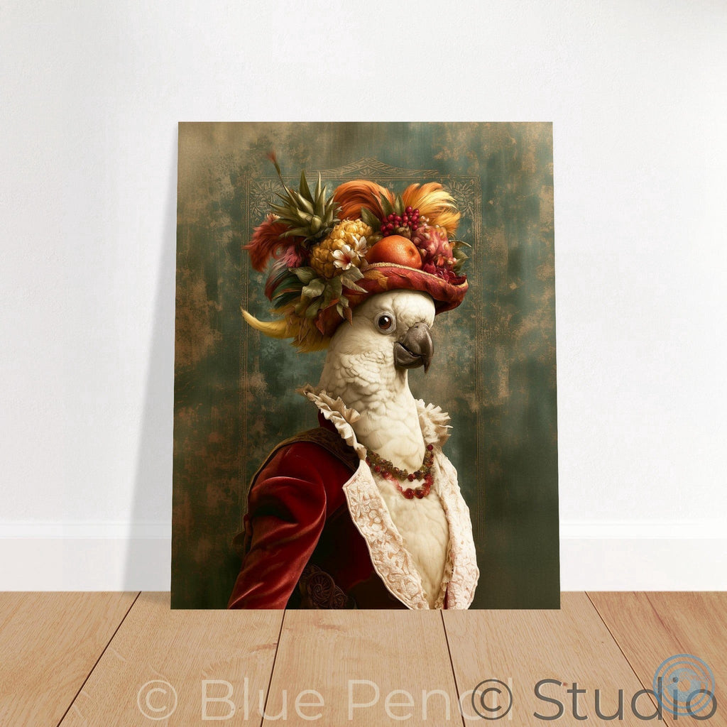 A vertical art print depicting a white cockatoo in historical attire with a large, colorful fruit and flower headdress, leaning against a white wall on a light wood floor. A watermark for 'Blue Pen Studio' is visible at the bottom.