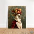 A vertical art print depicting a white cockatoo in historical attire with a large, colorful fruit and flower headdress, leaning against a white wall on a light wood floor. A watermark for 'Blue Pen Studio' is visible at the bottom.