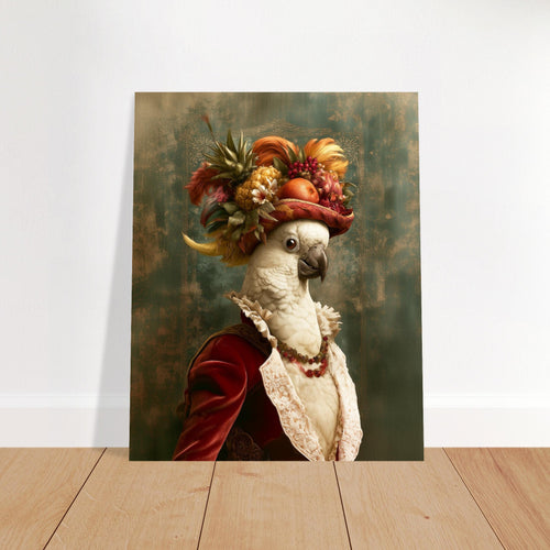 A vertical art print depicting a white cockatoo in historical attire with a large, colorful fruit and flower headdress, leaning against a white wall on a light wood floor. A watermark for 'Blue Pen Studio' is visible at the bottom.