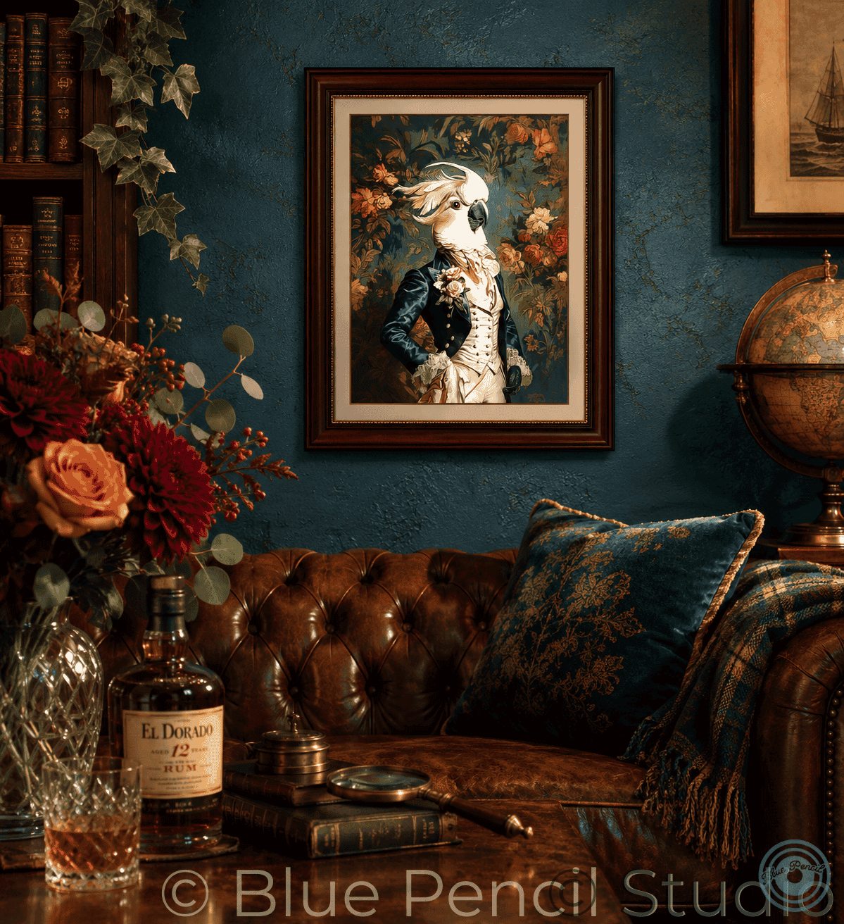 Decorative interior with a leather sofa, floral arrangement, and framed cockatoo artwork on a blue wall.