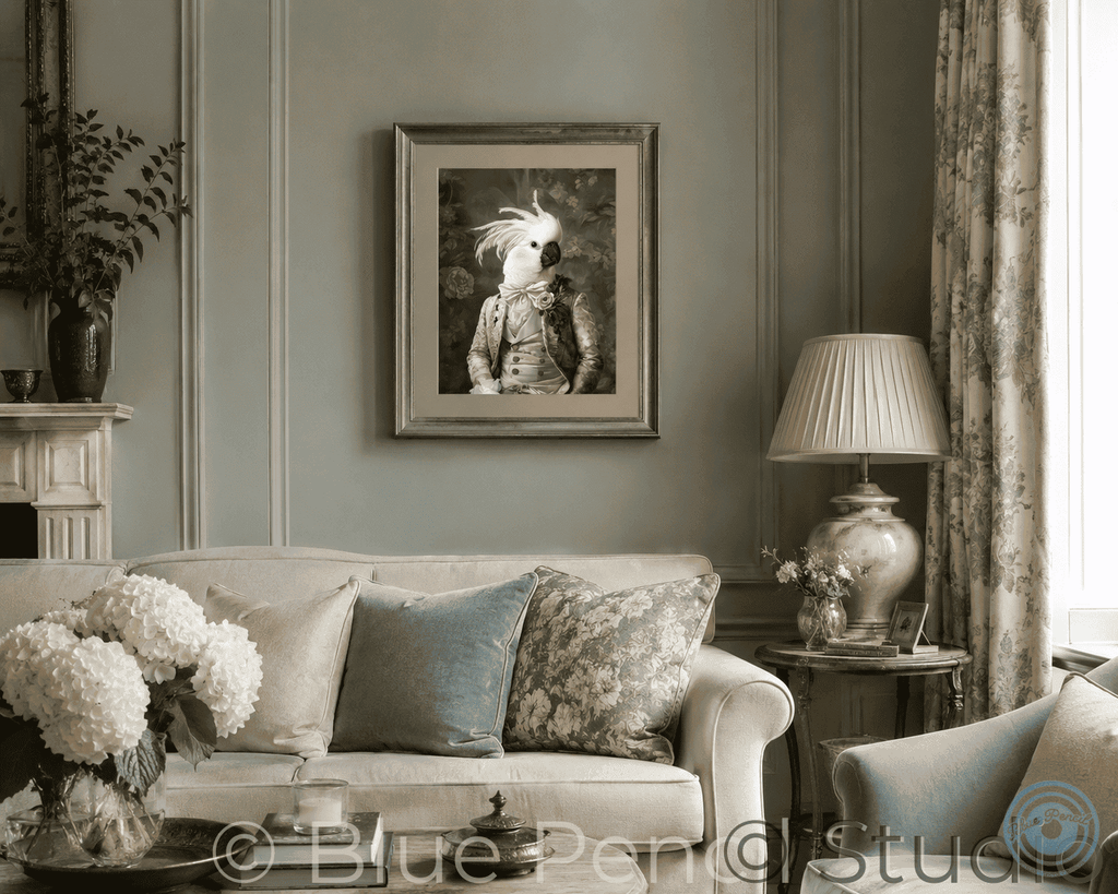 Living room with a sofa, lamp, and framed picture of cockatoo on a wall.