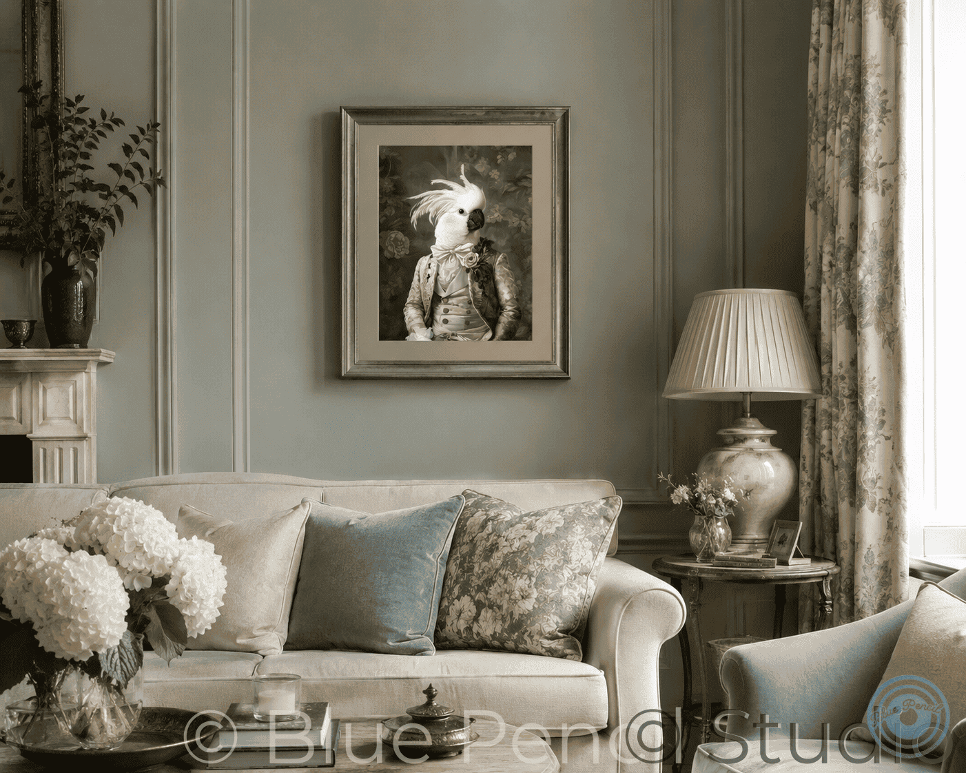 Living room with a sofa, lamp, and framed picture of cockatoo on a wall.