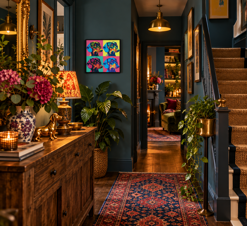 A cosy, dark teal hallway decorated with a colourful pop-art Dachshund painting, a wooden console table with a floral arrangement, a patterned rug, and a staircase with wicker railings.