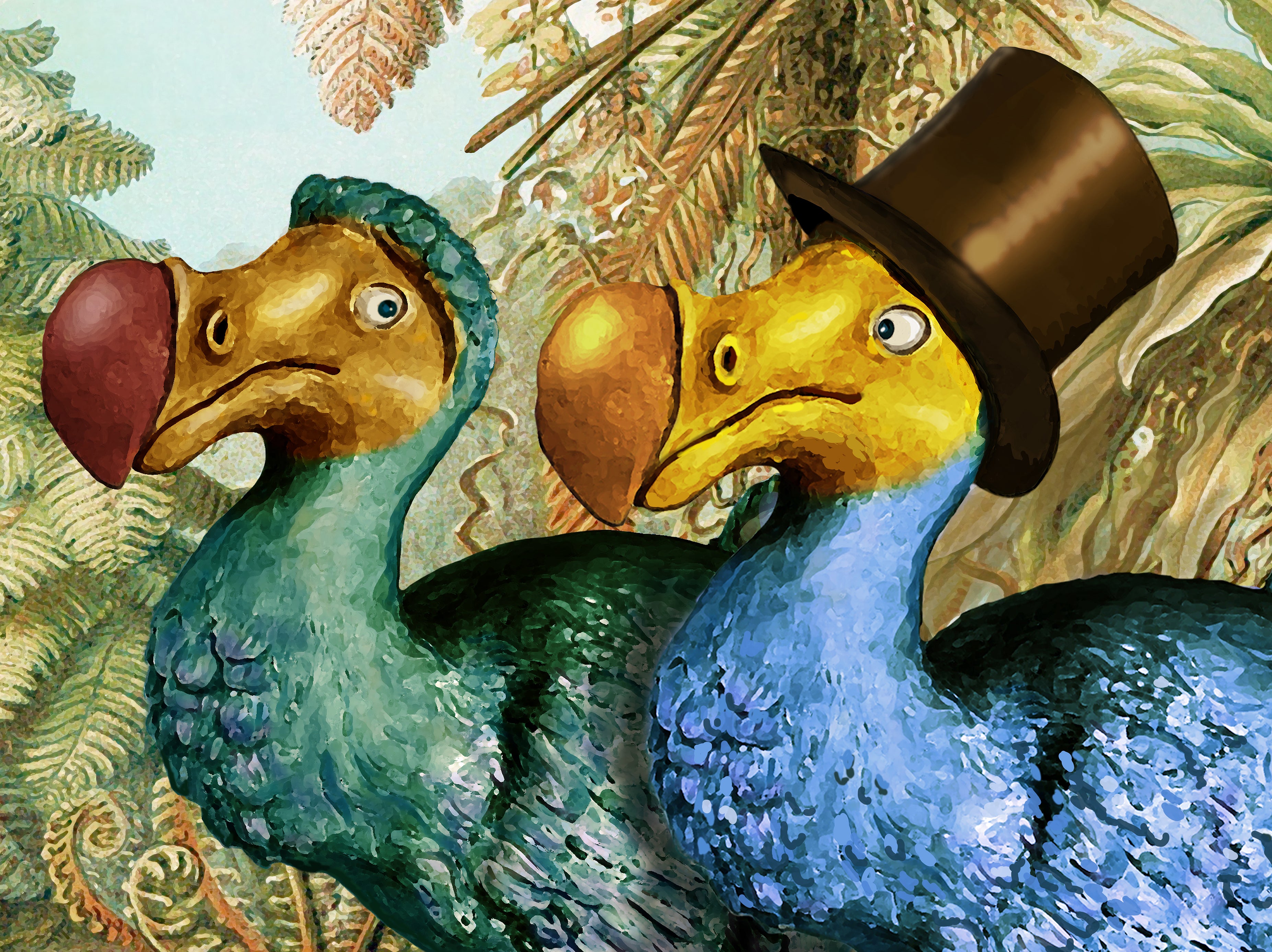Two Dodo Birds | Botanical Vintage Wall Art | Alice in Wonderland Print