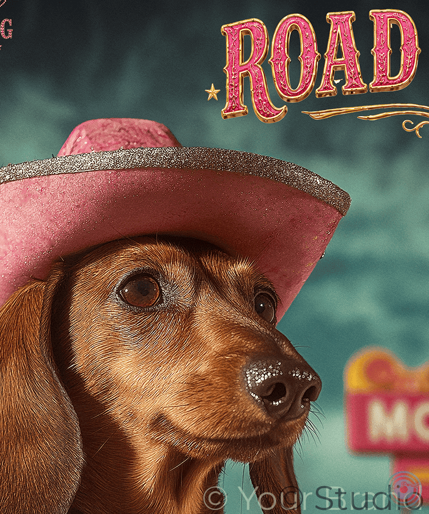 Dog wearing a pink cowboy hat with 'ROAD' text in the background