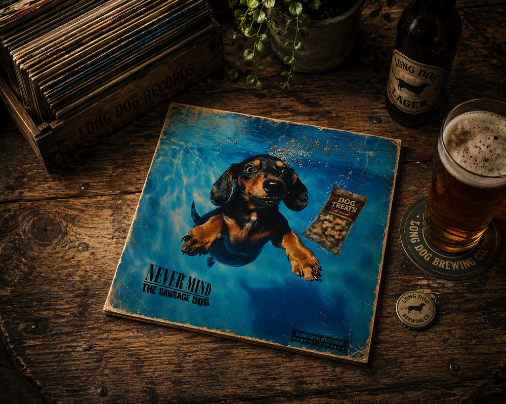 Coaster with a dog illustration on a wooden table with a beer and records.