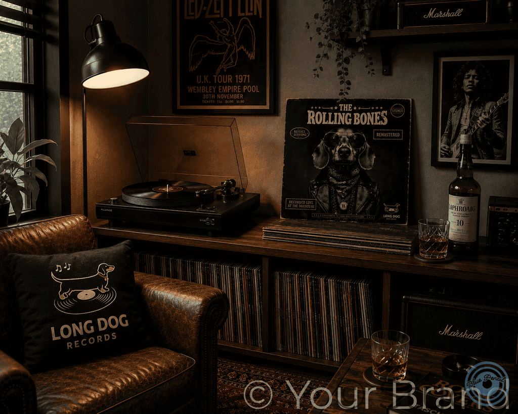 Cozy living room with a record player, vinyl records, and a bottle of whiskey.