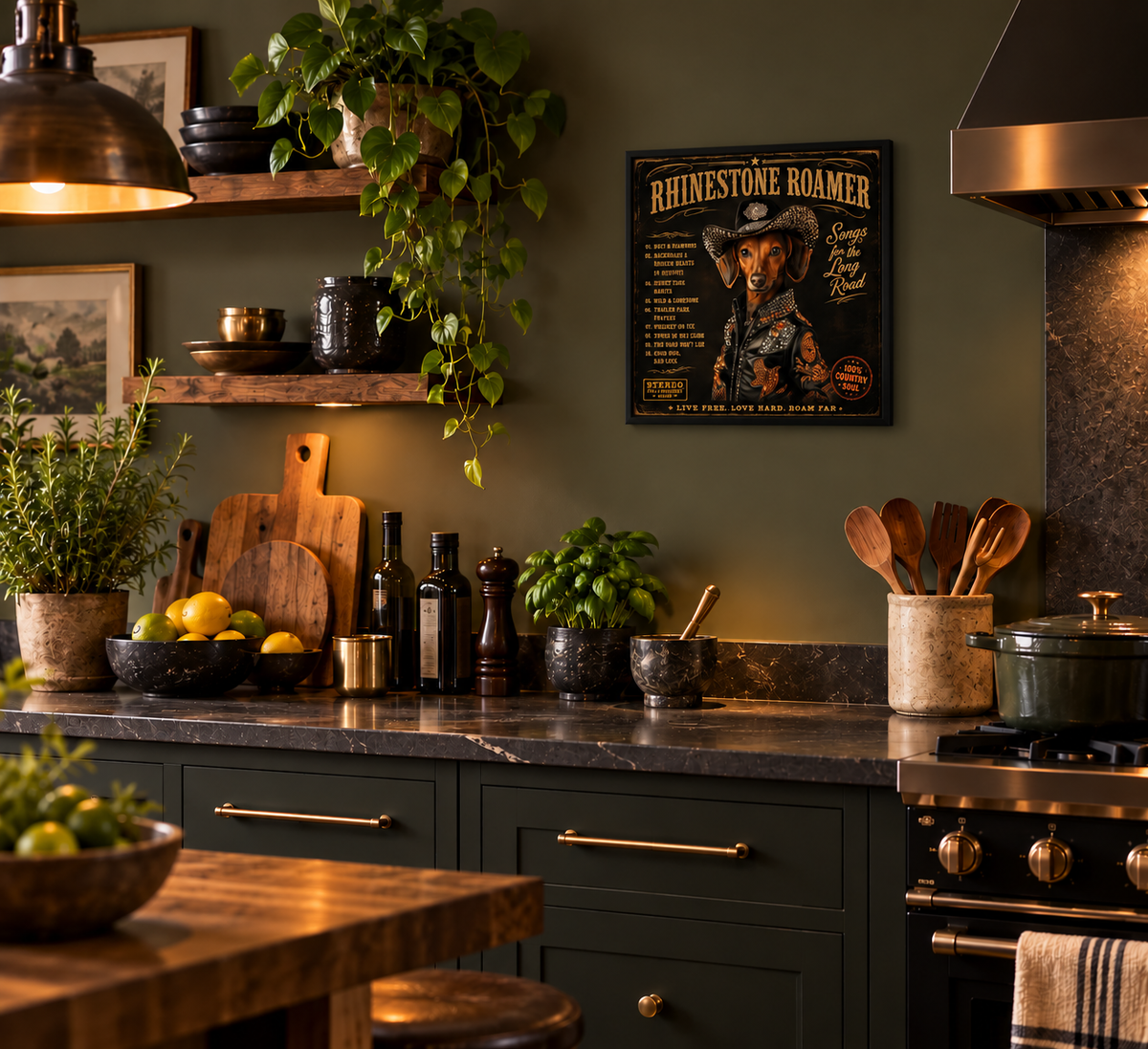 A rustic kitchen scene with dark green cabinets, a stone countertop, potted plants, and a framed 'Rhinestone Roamer' cowboy Album cover poster on the wall.