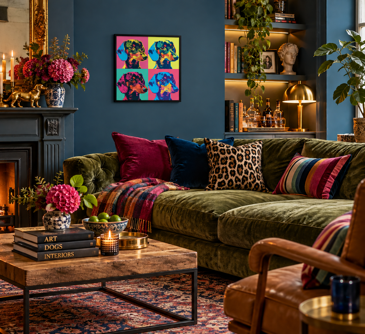 A styled living room featuring an olive green velvet sofa with colourful throw pillows, a striped knit blanket, a wooden coffee table, and a blue wall with a colourful pop-art painting of Dachshunds