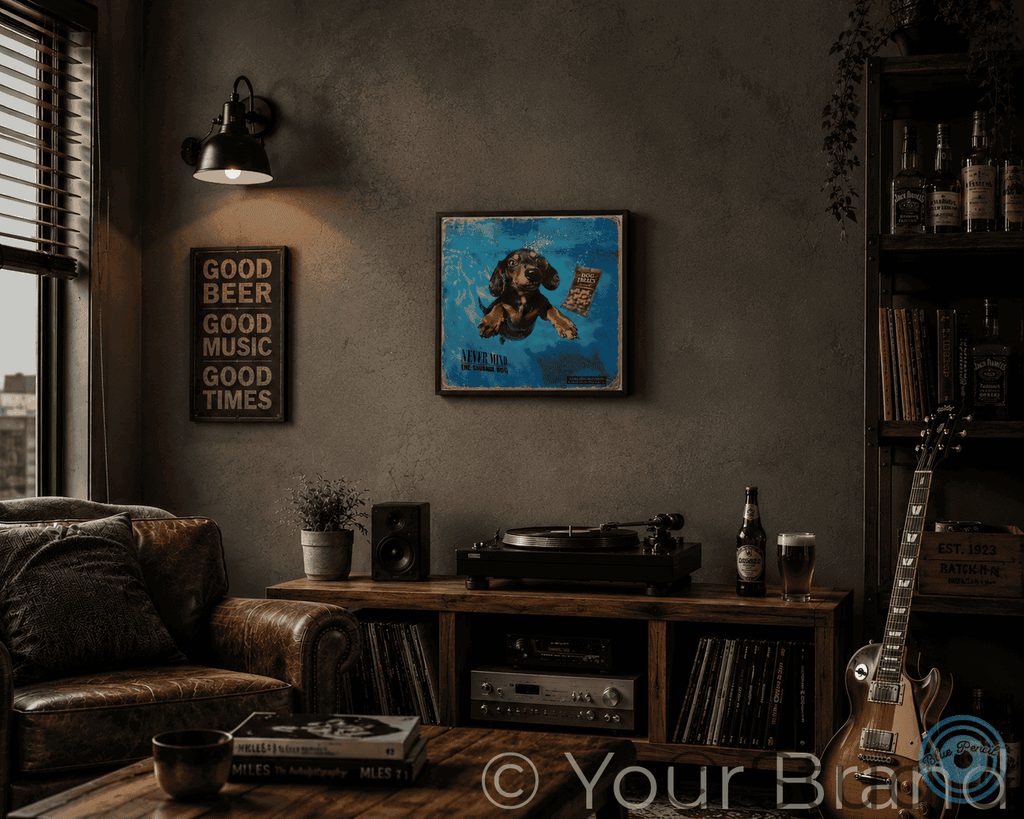 Cozy living room with a guitar, record player, and framed dachshund artwork on a wall.