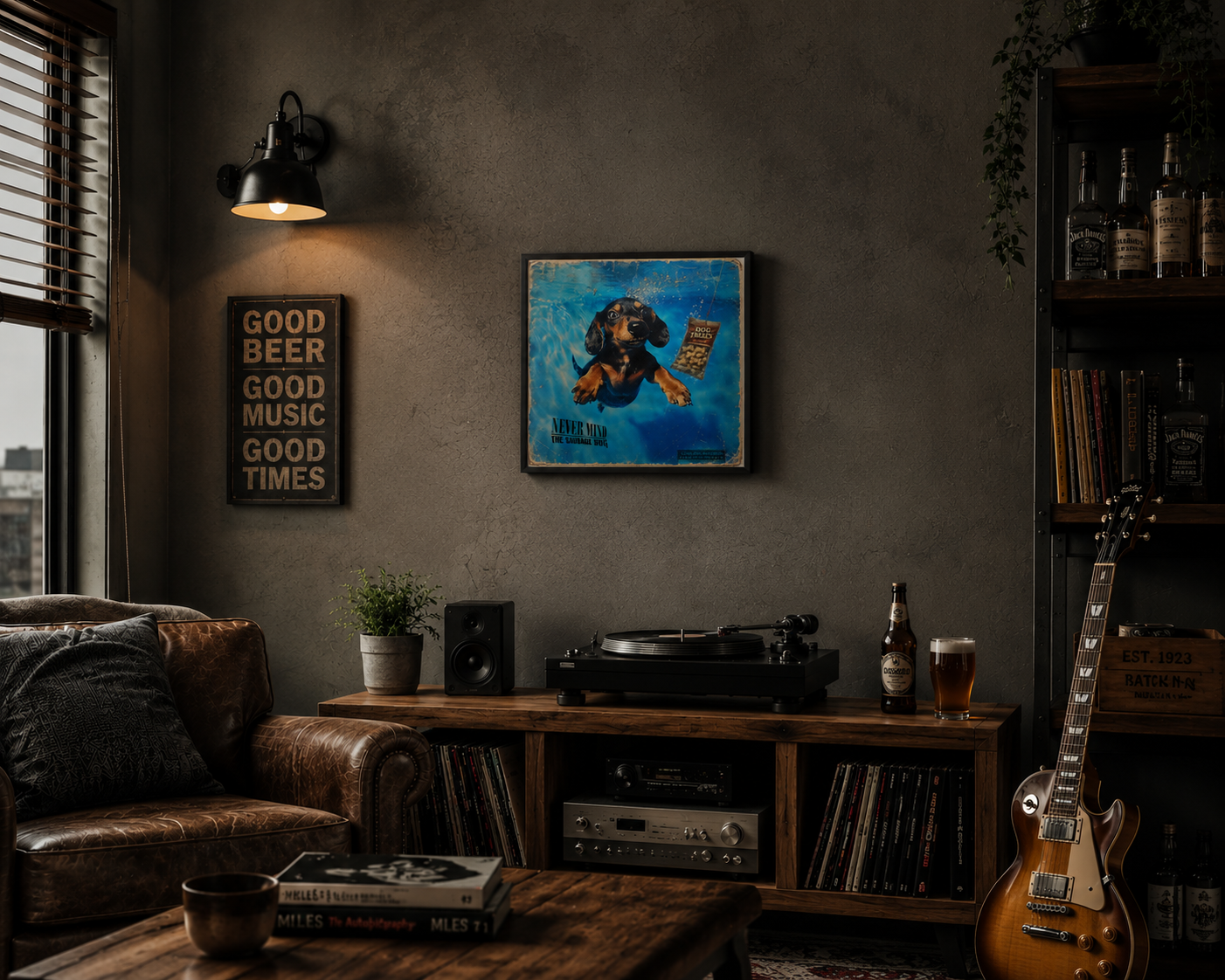 Cozy living room with a guitar, record player, and framed dachshund artwork on a wall.