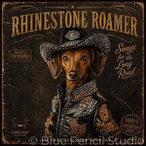 Album cover with a dog wearing a cowboy hat and jacket, titled 'Rhinestone Roamer: Songs for the Long Road'.