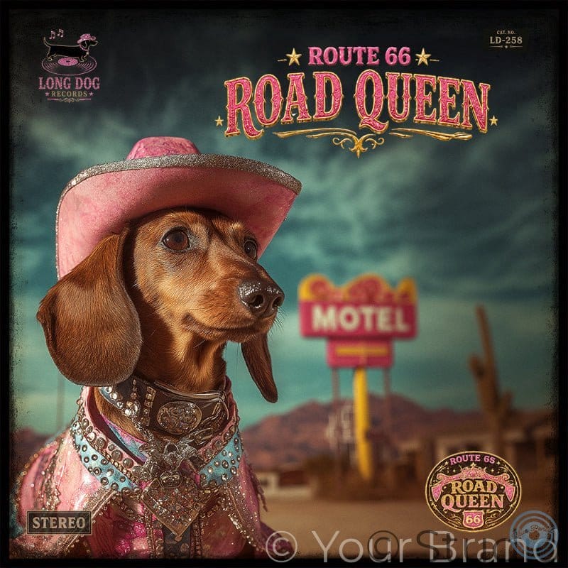 Dog in cowboy attire with 'Route 66 Road Queen' album cover in the background