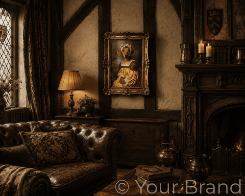 Cosy living room with leather sofa, fireplace, and decorative painting of Dachshund in a dress.