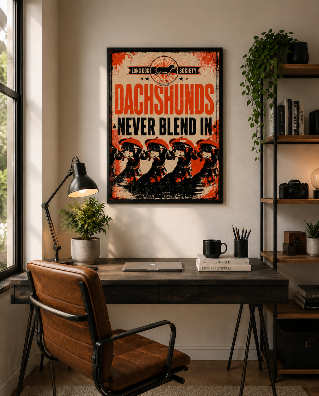 A framed poster with the text 'DACHSHUNDS NEVER BLEND IN' in orange and black, displayed on a wall above a desk in a styled home office setting.