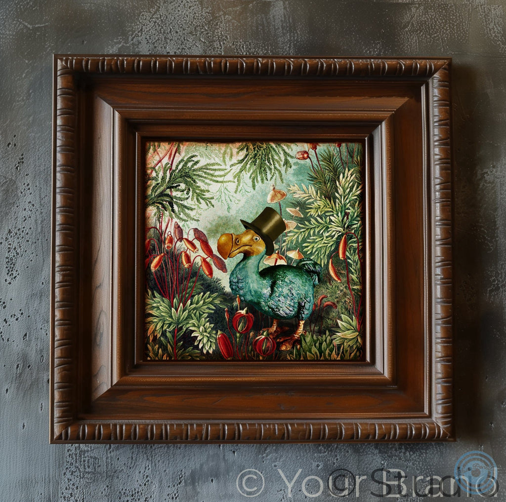 Framed artwork of a dodo with a top hat in a forest setting on a textured grey wall.