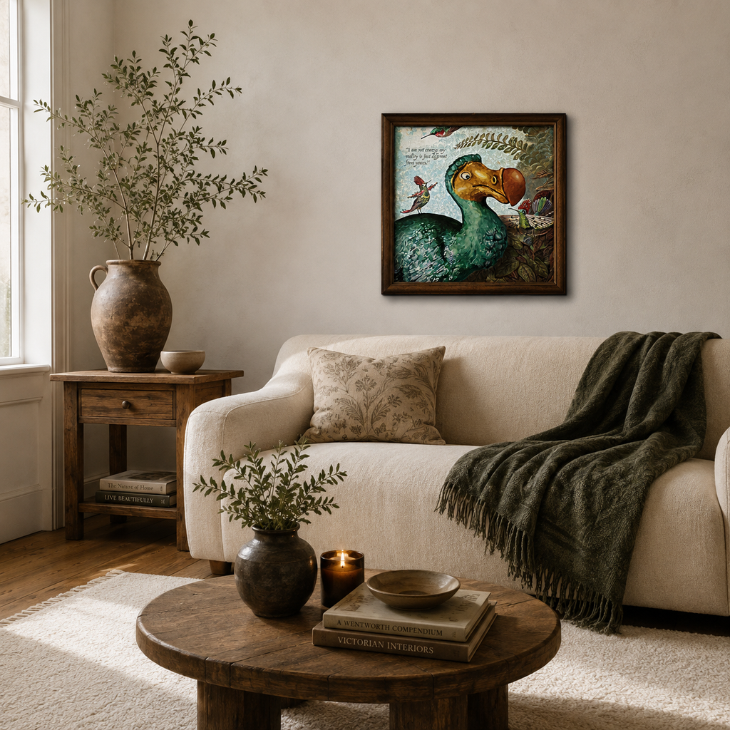 A framed art print featuring a detailed green dodo illustration with a red beak and a small bird, hanging on a beige wall above a cream-colored sofa in a styled living room.