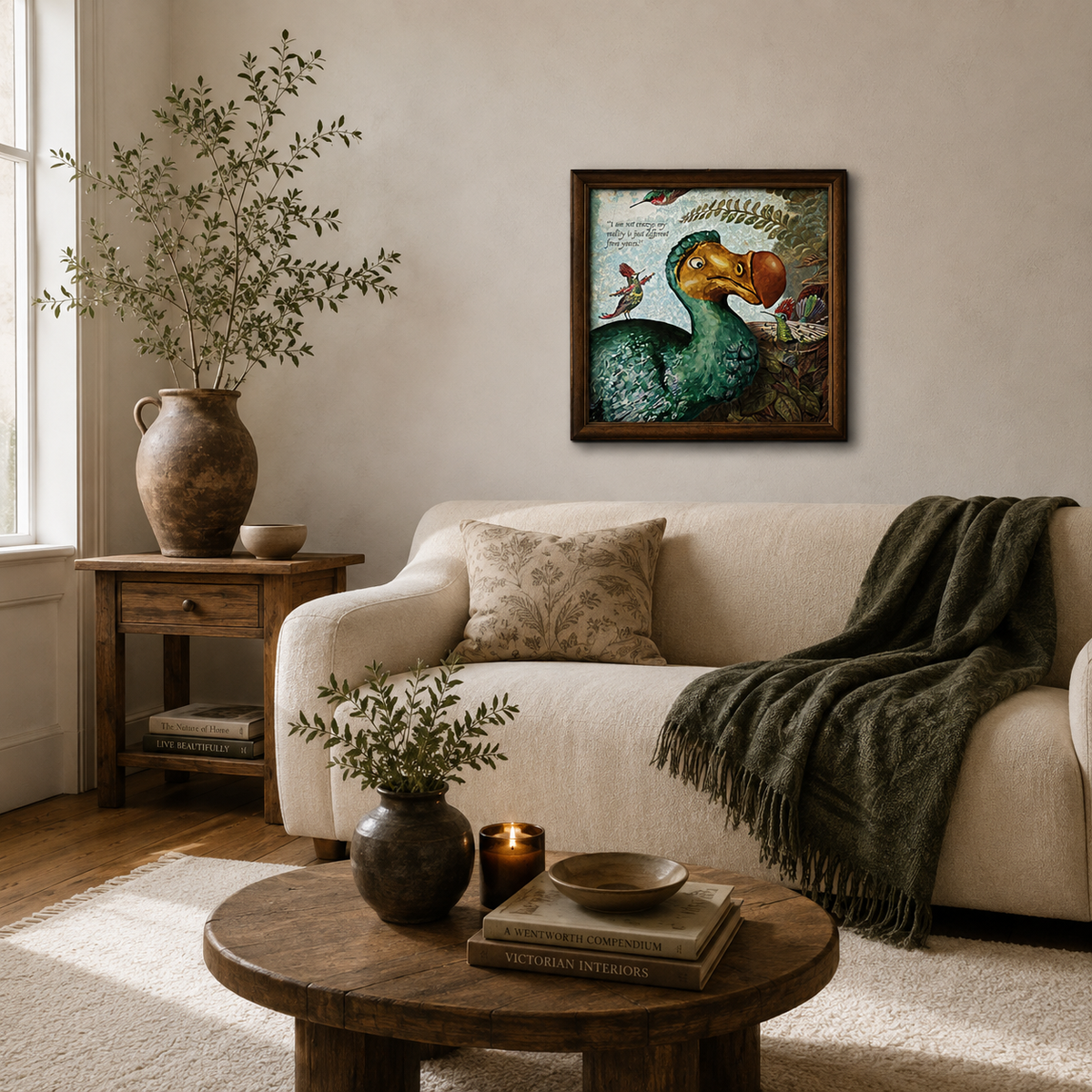 A framed art print featuring a detailed green dodo illustration with a red beak and a small bird, hanging on a beige wall above a cream-colored sofa in a styled living room.
