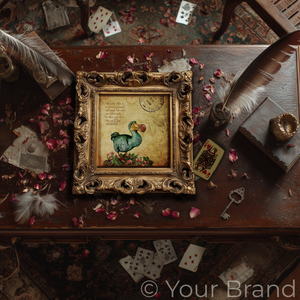 Decorative table with a framed illustration of a dodo, feathers, and playing cards.