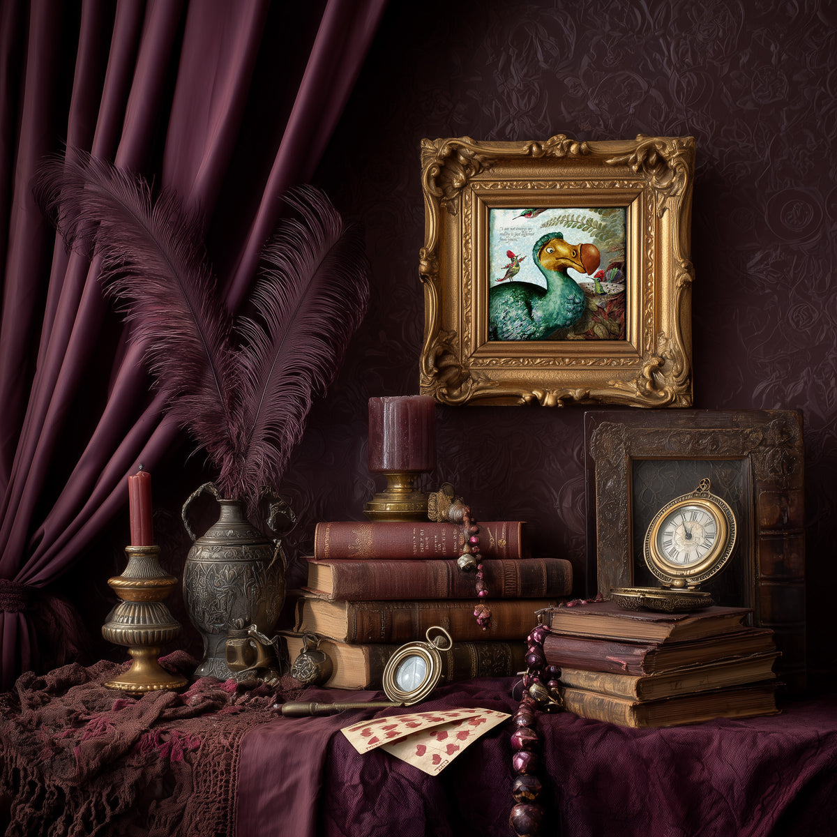 A styled vintage still life scene with a framed painting of a green dodo in an ornate gold frame hanging on a dark burgundy wall. The scene includes deep purple curtains, stacked antique books, a candle holder with a feather, a clock, beads, and other decorative objects on a draped table.