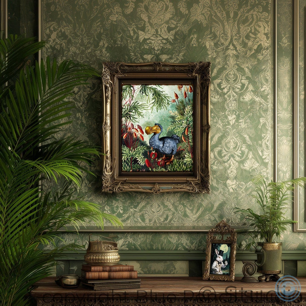 Decorative framed artwork of blue dodo on a wall with ornate green wallpaper and plants.